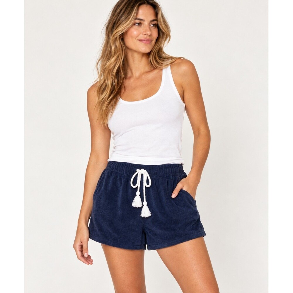 7 For All Mankind Women’s Terry Cloth Lounge Shorts S Navy Blue Drawstring NWT